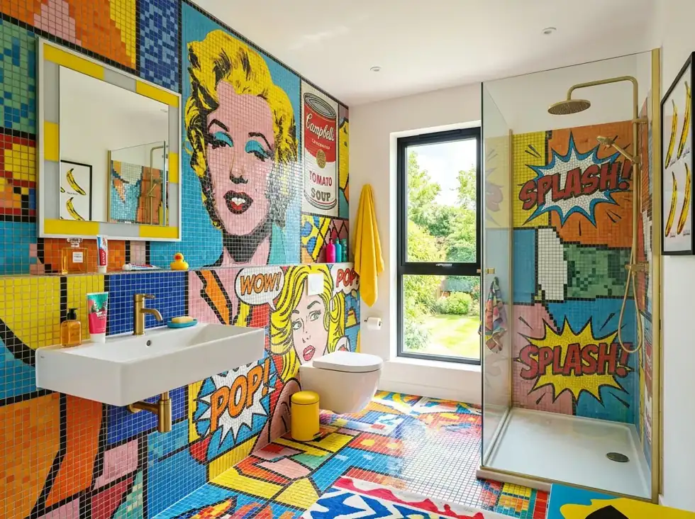 Buntes Pop-Art-Badezimmer mit Mosaikfliesen
