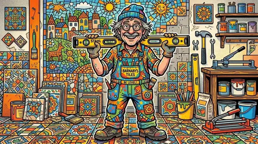 Illustrierter Fliesenleger mit Wasserwaage vor bunter Mosaikwand